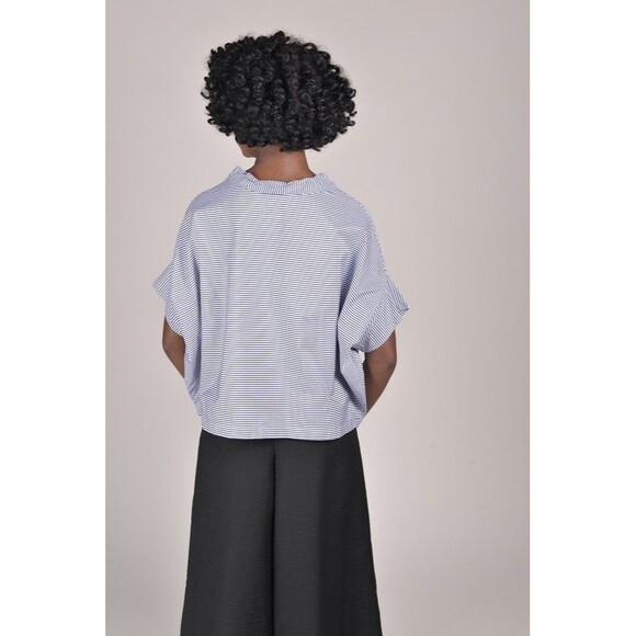 Gallego Desportes Twisted Collar Top Navy Blue Stripe Relaxed Boxy Nautical OS - Picture 3 of 9